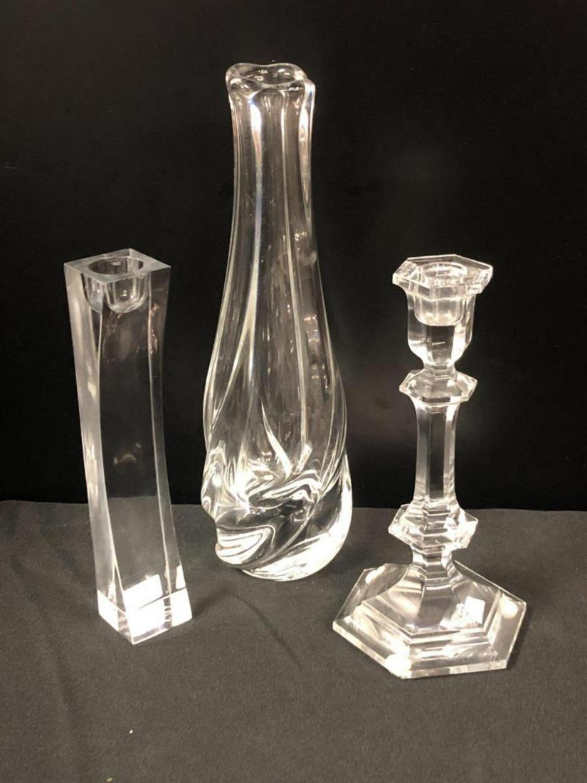 Lot Of Baccarat & NAMBE Crystal Vase & Candlestick: Lot Of Baccarat & NAMBE signed Crystal Collectibles. Three total pieces in the lot. Consists of baccarat vase standing 10" tall. Baccarat candle stick holder standing 7 3/4" tall. Both etche on bottom