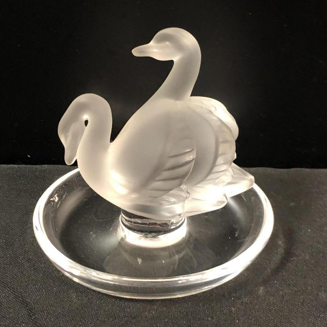 Lalique Crystal Double Swan Ring Holder: Lalique Crystal Double Swan Ring Holder. Stands 3" tall. Lalique etching on the bottom of the holder.