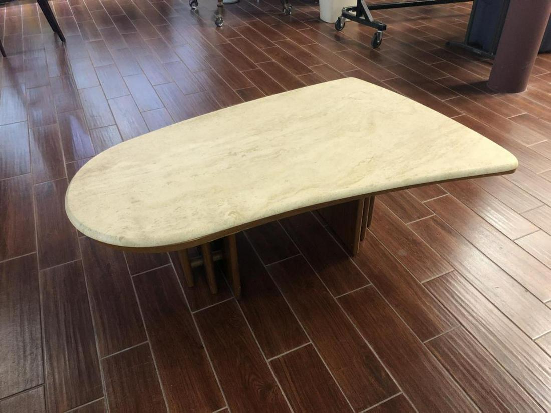 Mid Century Stone Top Coffee Table: Mid Century Stone Top Coffee Table. Measures 50"x32". Wooden base. Stone top not attached to wooden base.