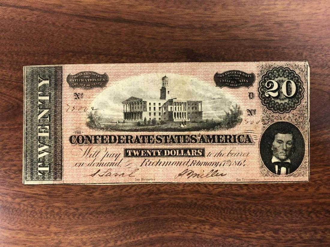 1864 $20 Confederate Note in Fine: 1864 $20 Confederate Note in Fine condition. Note is in decent shape. Neat piece of history.