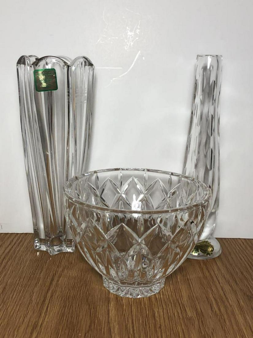 Trio Waterford Crystal Glass Vases & Bowl: Trio Waterford Crystal Vases & Bowl. The round bowl is 4.5” diameter and is 3.25” tall. Etched Waterford on the bottom. The bud vase is 7” tall, and has the original Seahorse logo sticker on the