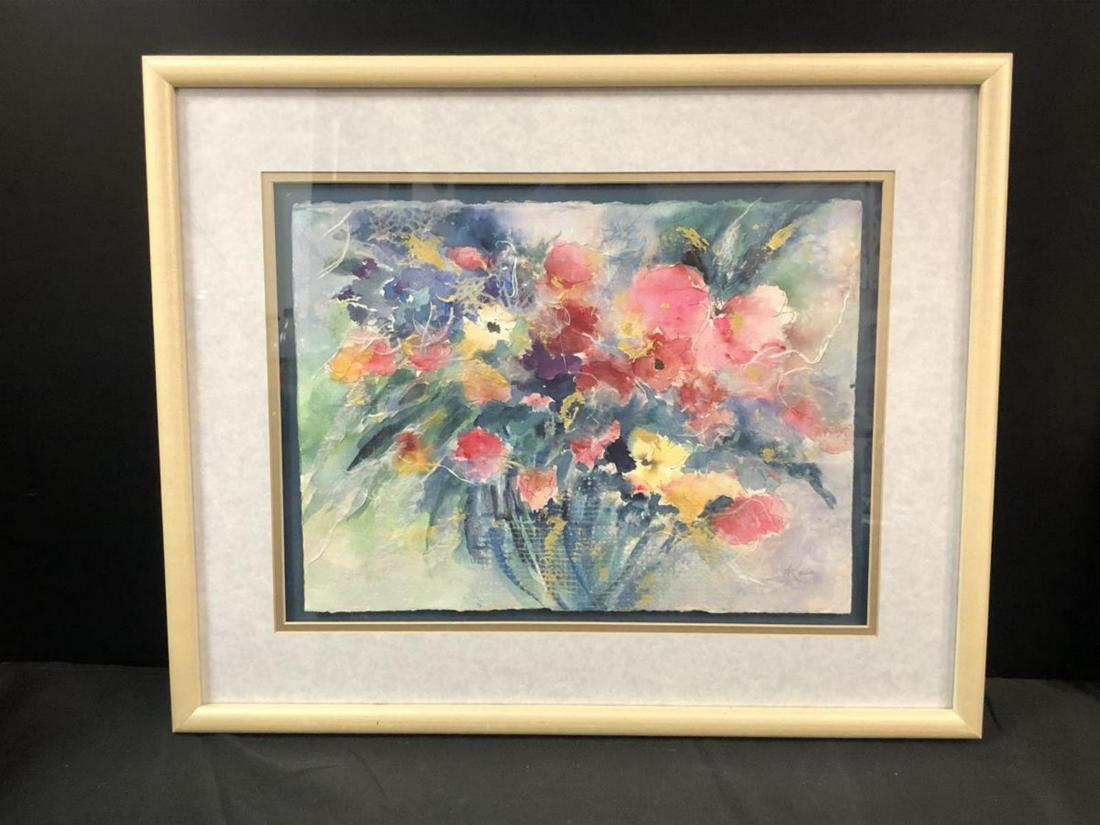Floral Watercolor Collage by Grace Koo, Framed: This exquisite floral watercolor collage mixed media original artwork is by Grace Koo, a California artist born in 1921. She received her Bachelors in Art from the University of California in 1977, af