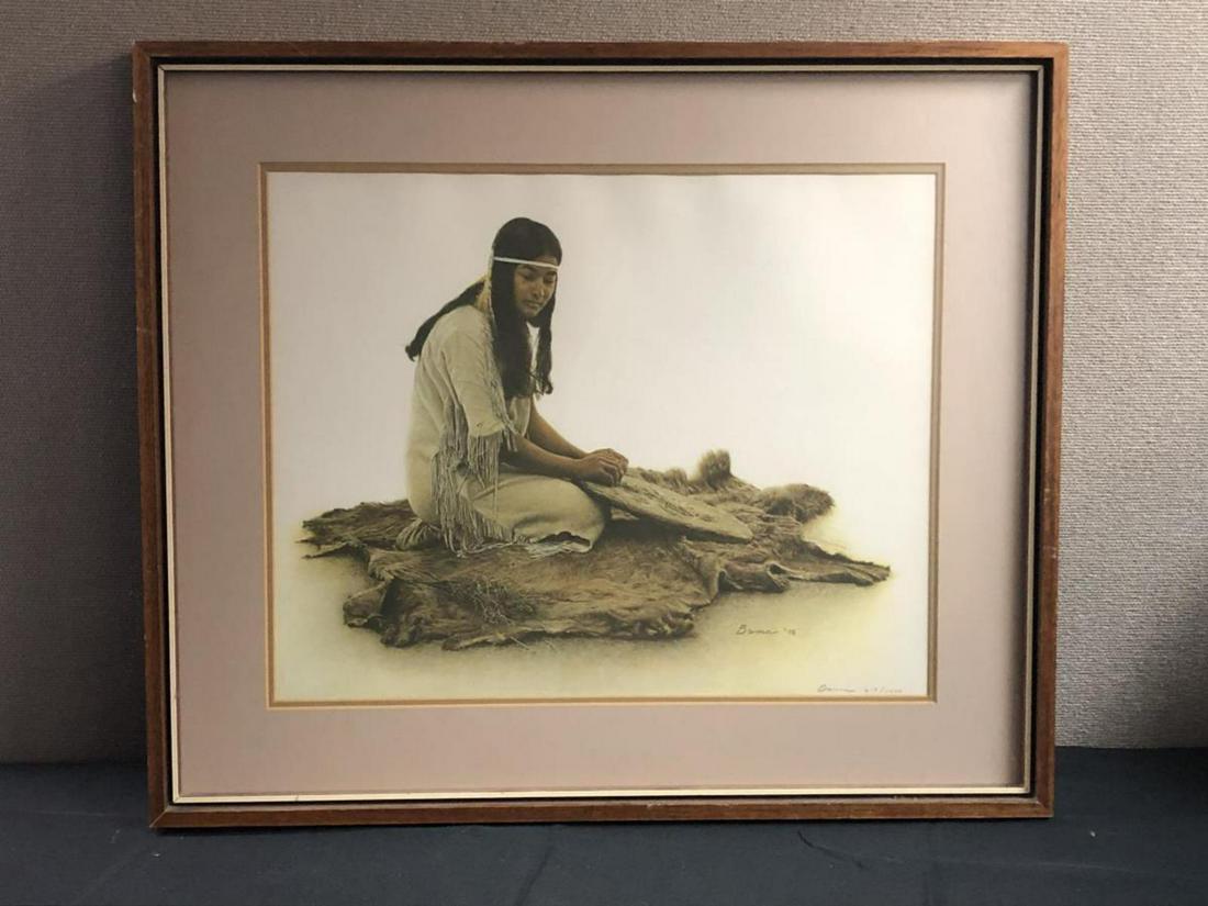 Framed 1976 Print "Sage Grinder" by James Bama: Wood Framed 1976 Print "Sage Grinder" by James Bama #617/1000. Print Size: 20"x16". Framed Size: 27"x22 1/2"."Sage Grinder" is one of Bama’s most recognized paintings and a perfect example of his vi