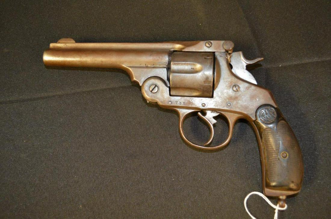 Eibar Vintage Revolver Break Action 5" .44 cal: Eibar Vintage Revolver in Break Action with a 5" Barrel in .44 cal. Early 1900's Spanish made. Bluing is absent. Featuring a lanyard swivel in the butt. Wood two piece grips. Shows evidence of solder