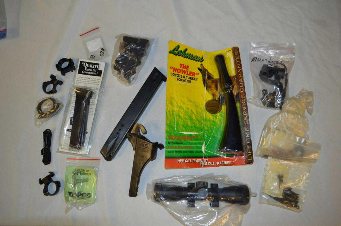 Large Lot of Various Firearm Parts Mags Scope Acc.: Large Lot of Mixed Brand Fit Firearm Parts Including Mags & Scope & More. This lot will include Howler coyote call, Beretta type 30 round metal magazine with loader assist, Ultra Lux 4x25 scope, scope