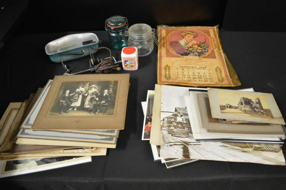Lot Of Vintage Collectibles: Lot Of Vintage Collectibles. Vintage headboard light. Tiomphe mason jar. Ball Ideal mason jar. Wadsworth Fire Dept 100th Anniversary Book "100 years of dedicated service". Ephemra photos etc.