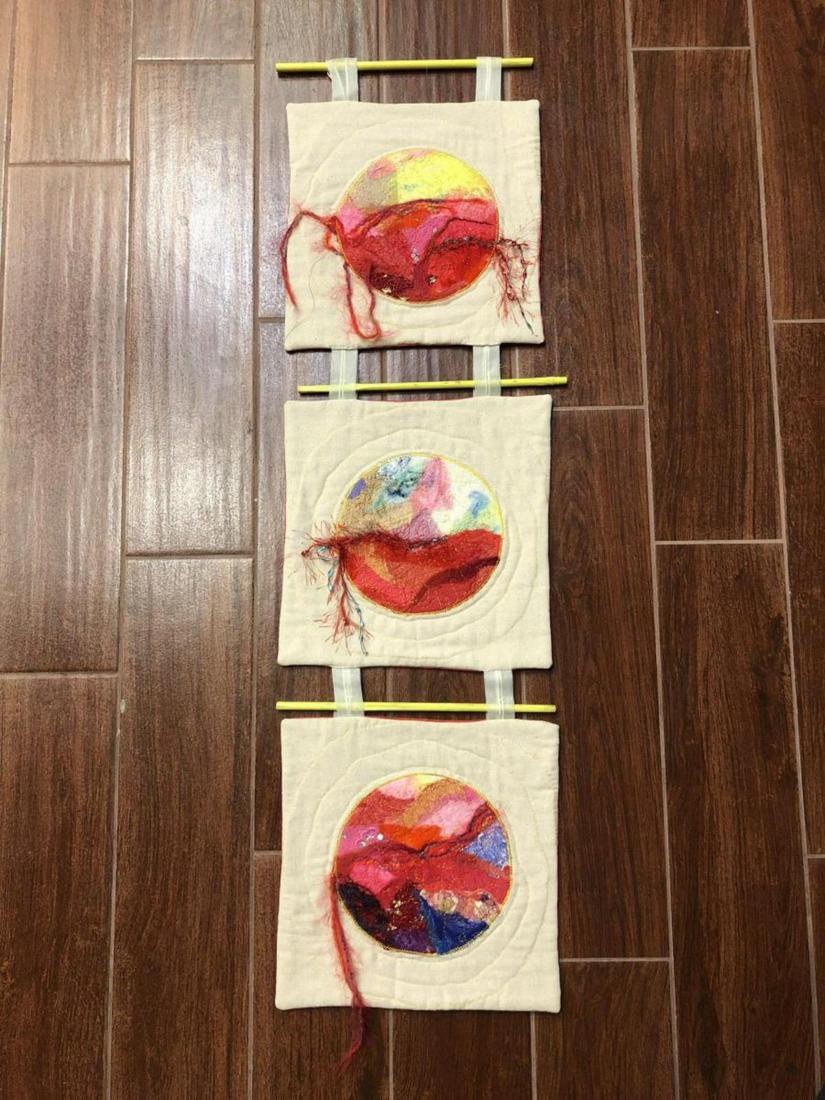 Colorful Fabric Wall Art by Barbara Wilson: This colorful wall art is made of cotton, silk, wool, and yarn. Titled "Morning And Evening On The Second Day", it measures 12" x 43". Barbara was a recognized artist and teacher, the owner of the Wic