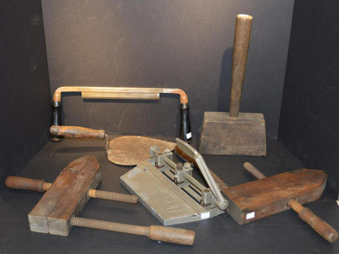 Lot of Antique Wooden & Metal Primitive Tools: Lot of Antique/Vintage Wooden Metal Primitive Tools, includes 2 10" wood clamps, wood mallet/hammer, spade shape concrete trawl, Lakeside #8 draw shave, & Boston 3 hole punch.