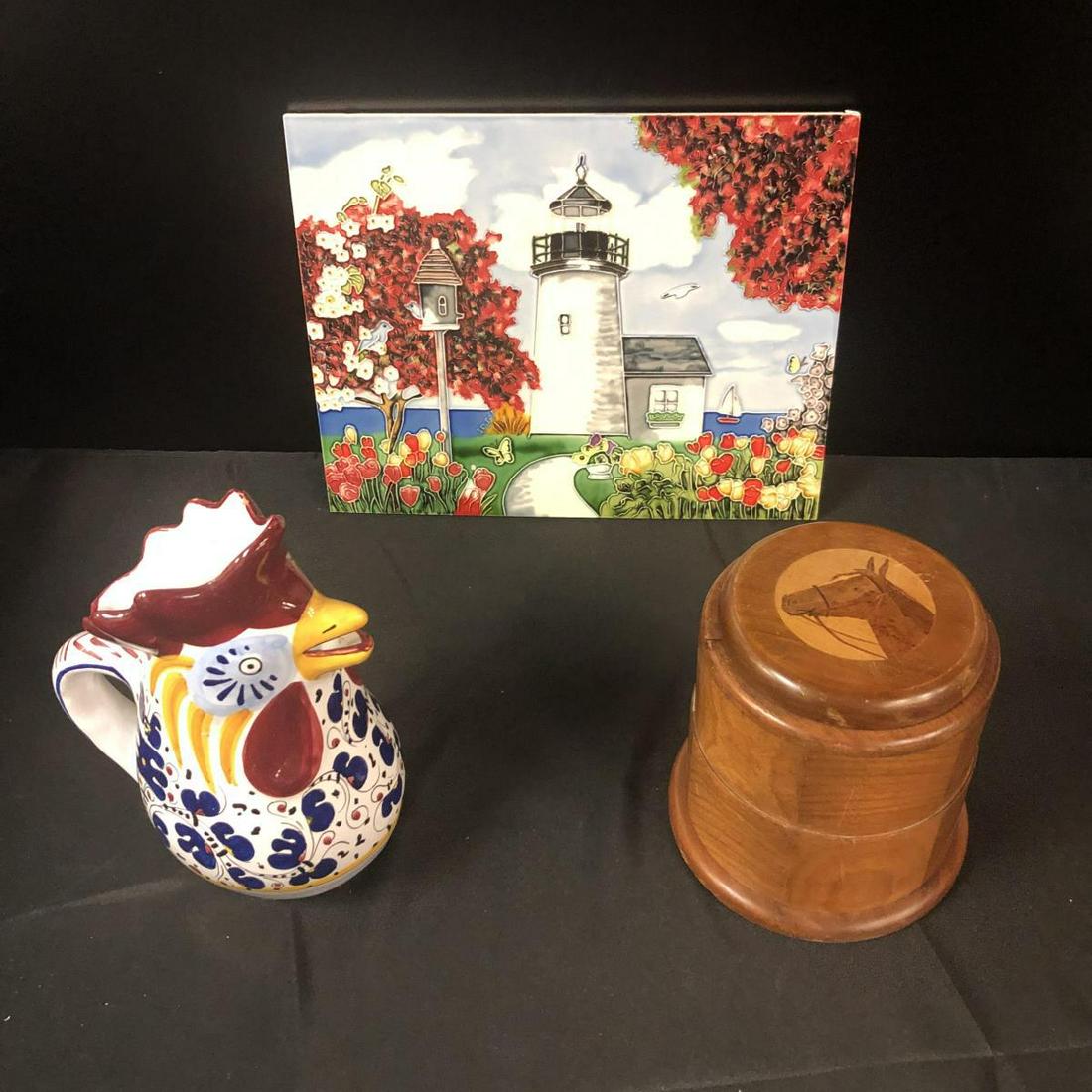 Lot Of Misc Collectibles: Lot Of Misc Collectibles. 3 total pieces in the lot. Consists a Rooster Pitcher. Made in Italy Fima-Deruta is on the bottom. Wooden Music Box With Horse Print on the top. Stand 8" tall. Has a cooler i