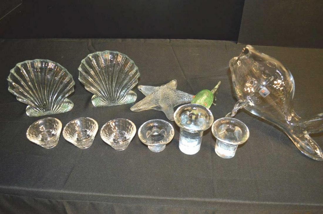 Lot Of Blenko Glass Collectibles: Lot Of Blenko Glass Collectibles. Total of 11 pieces in the lot. Consists of 2 Fan shell standing 7" tall. Has Blenko sticker on it. Star fish measuring 8" across. Has Blenko sticker on it. 3 pc mushr