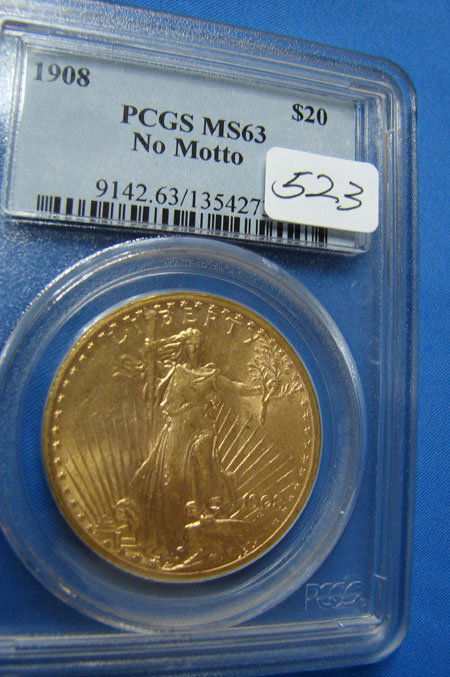 1908 $20 St. Gaudens Gold Coin PCGS MS63 No Motto: 1908 $20 St. Gaudens Gold Coin PCGS MS63 No Motto