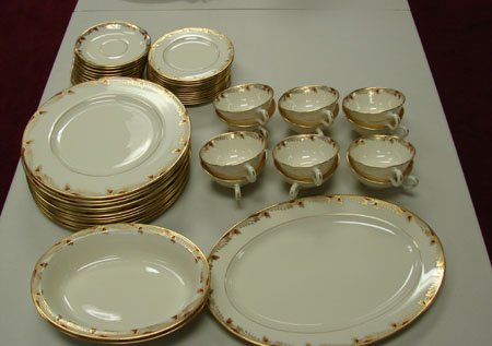 Lenox Essex China Svc. For 12: Lenox China service for 12 consisting of 12 10" dinner plates, 12 cups and saucers, 12 6 1/4" bread & butter, 1 oval veg., 1 14" platter; all look in excellent condition with no chips, cracks or utens