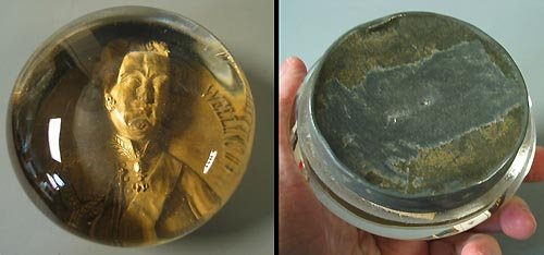 Duke of Wellington paperweight: Duke of Wellington paperweight, Wellington fought in the Battle of Waterloo (see Wikipedia) Paperweight measures 3 1/4" across and comes apart to reveal metal foil interior. Missing its base, but stil