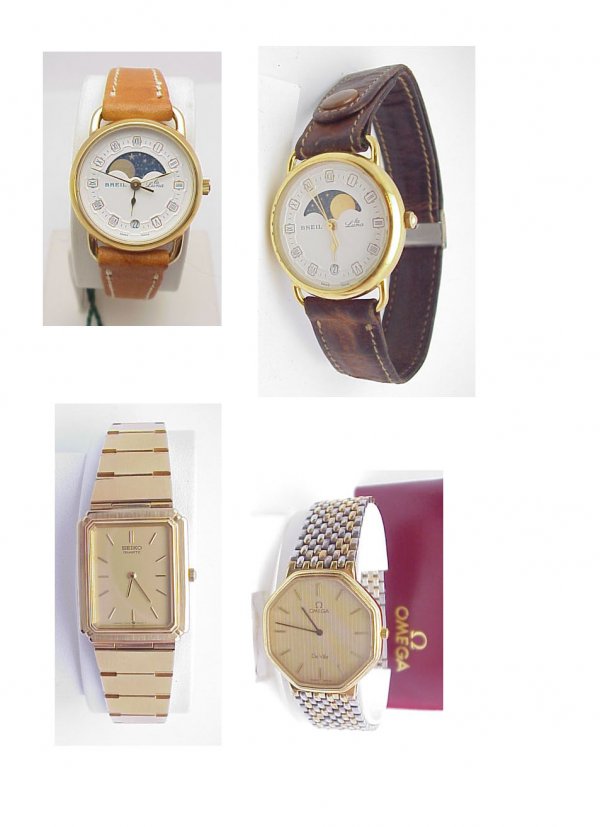 Lot of 4 Watches 2 Lady's & 2 Men's: Lot of four watches - matching man's & lady's Breil watches, not working, lady's Seiko watch, not working, and man's Omega with original papers, purch. In 1989. Omega has new battery and is working.