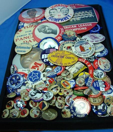 100+ Lot Political & PEP pins/buttons: Lot of assorted 100+ pinback buttons including Kellogg's PEP, Ike, Goldwater, Wallace, Milk Drivers & Dairy Employees Union, sports, and I'm Flippin for Fargo Pancake Day!!
