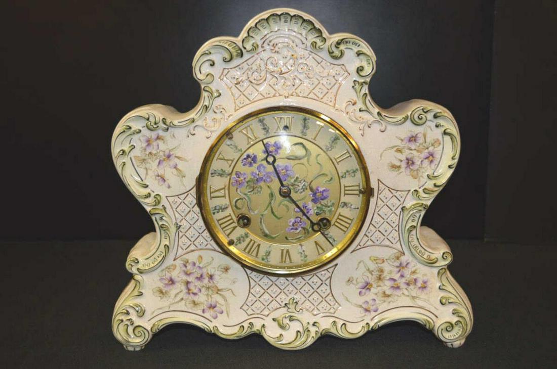 Dresden Hand Painted Porcelain 8-Day Clock: Dresden Vintage Hand Painted Porcelain 8-Day Clock. The back imprint reads "Porcelain Dresden 8 day, hour and half hour Cathedral Bell Strike Manufactured Expressly for the American Wringer Co. No.99
