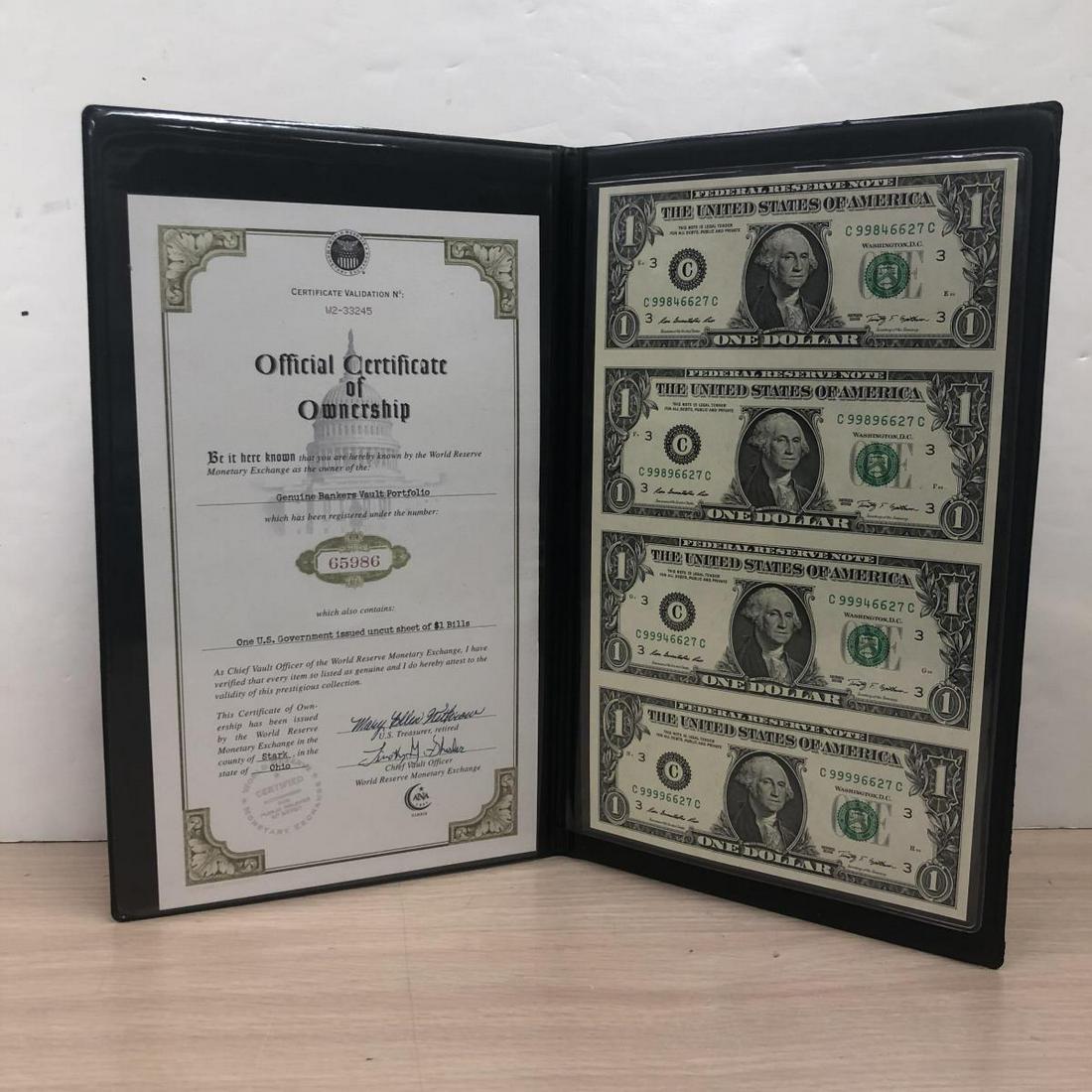 2009 Uncut Sheet of 4 $1 Currency Notes in Folder.: 2009 Uncut Sheet of 4 $1 Currency Notes in Folder. Housed in a vinyl folder from the World Reserve Monetary Exchange. Makes for a great and neat Holiday Gift!
