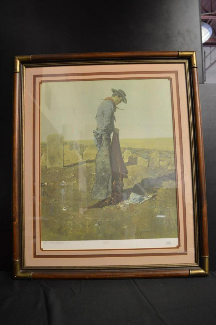 Framed Print "Ethan" John Wayne By Bob McGinnis: Framed Print "Ethan" John Wayne By Bob McGinnis. Artist Bob MCGinnis signature in lower left hand corner as well as right corner on the actual print. "Ethan" located in the bottom middle. 434/1000 in 