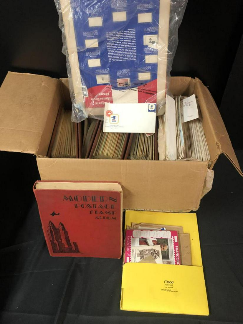 Box of Gold Plated & World Stamps & FDC's: Box Lot of 4 Albums of Gold Plated Stamps, some misc. various world/foreign stamps, and a bunch of sheets with First Day Covers. Too much to image and describe. Worthy of additional study. Box weighs 