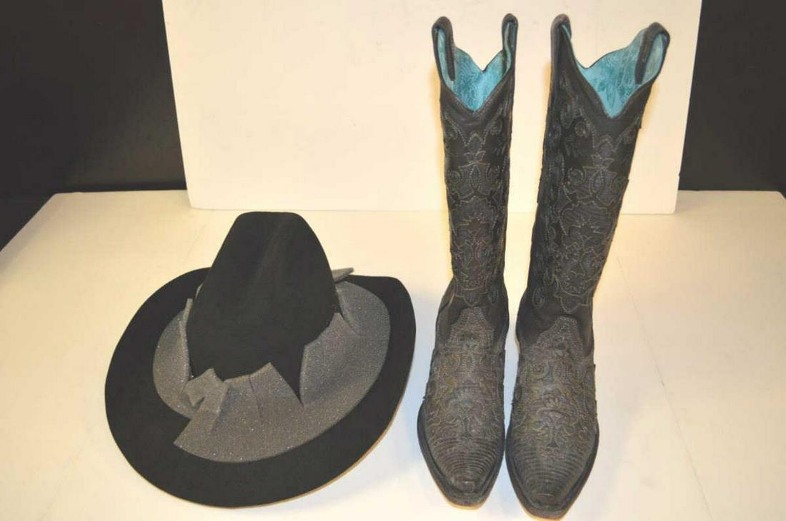 Stetson Hat & Leather Boots: Stetson Hat & Leather Boots. Hat comes in box. Stetson Legendary hats 54/ 6 3/4 measurement. Pony express, XXX stetson. Correal Vintage Size 7 leather boots. Austin Tx. The Correal lined with printed 