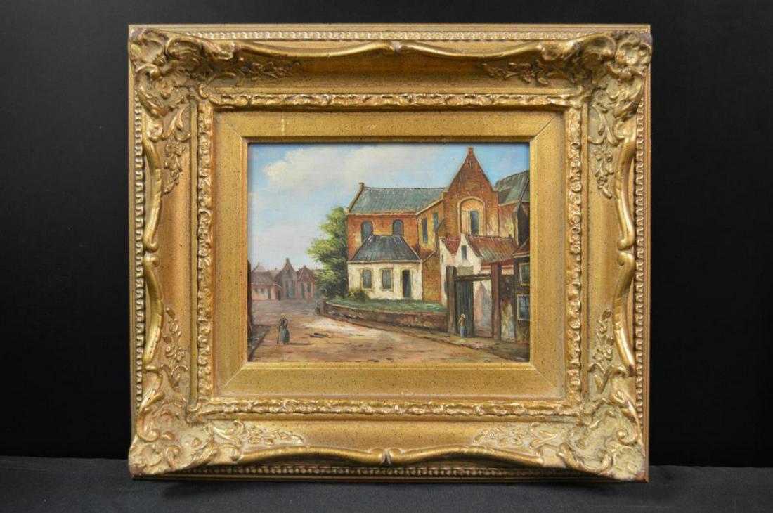 Oil on Canvas Ornately Framed Painting by George: Oil on Canvas Painting by George, in Wood Ornate Gold Painted Frame. A wonderful depiction of a European village street scene with a woman moving about. This painting is done in soft & subdued colors.