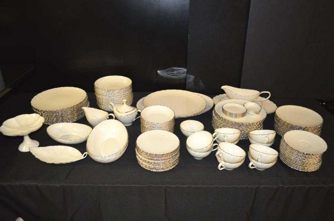 Set Of Lenox Weatherly China: Set Of Lenox Weatherly China. Total of 112 pieces in the set. Consists of 12 dinner plates. 3 large trays. 12 salad plates. 12 dessert plates. 12 saucers. 11 coffee cups. 3 serving bowls. 12 bread & b