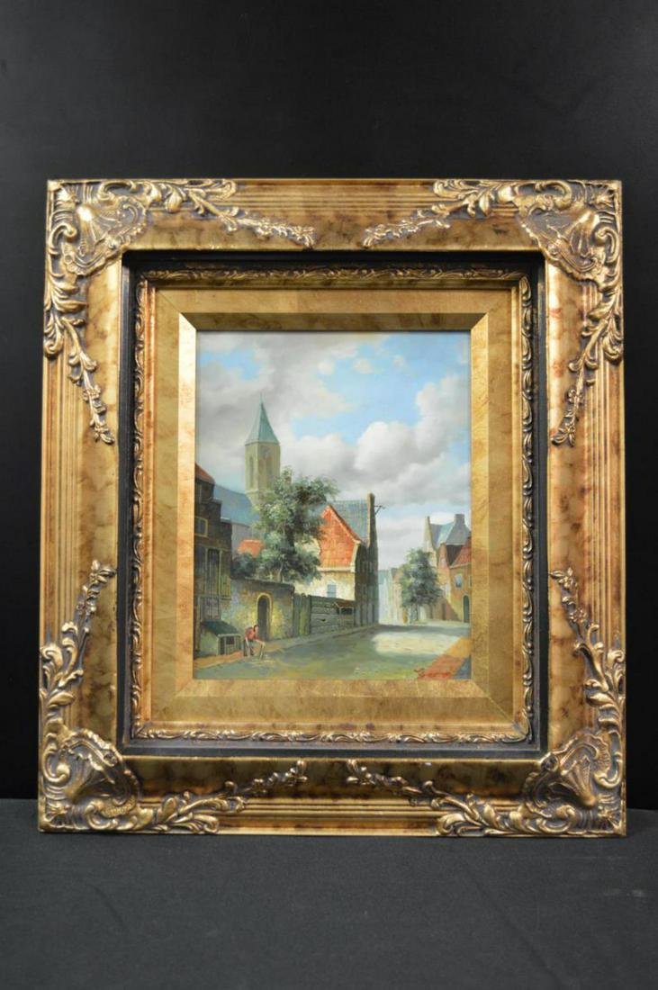 Oil on Board Ornately Framed Painting by George: Oil on Board Painting by George, in Wood Ornate Gold Painted Frame. A wonderful depiction of a European village street scene with a shop keeper & patrons. This painting is done in soft & subdued color