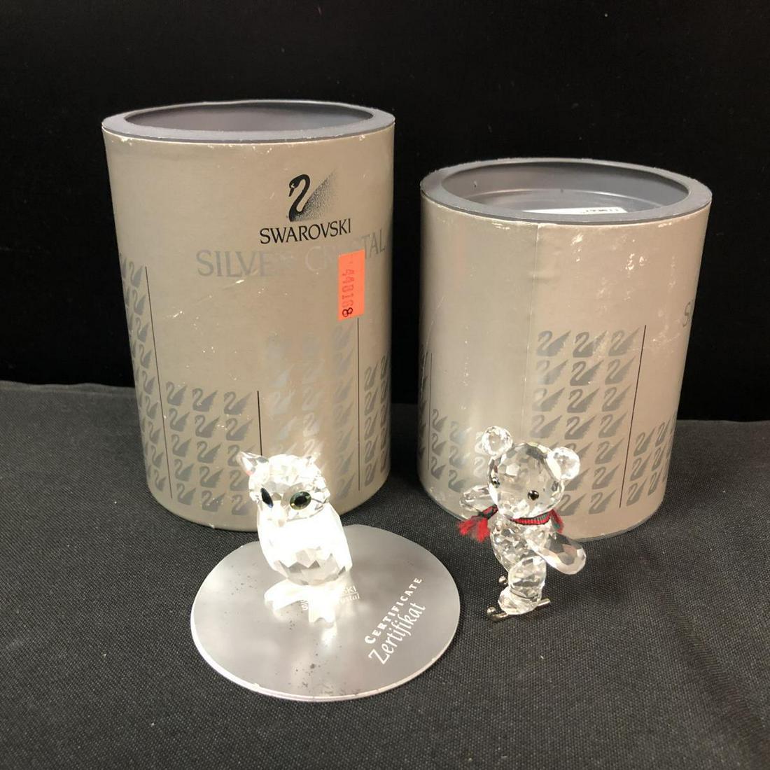 Swarovski Skating Bear #7637 & Owl #76136 w/Tubes: Swarovski Crystal Pair includes Teddy Bear on skates #7637, and an owl #7636, both with original tubes. Classic quality collectible figurine for home & office decor. Excellent condition with original 