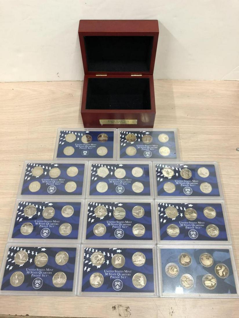 1999-2009 Proof Statehood Quarters Set in Wood Box: 1999-2008 Proof Statehood and 2009 National Park Quarters, housed in a deluxe wood presentation case. First year of issue 1999, to the end of the State Quarters series 2008, and then the 2009 panel ha