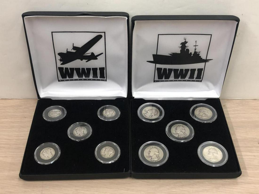 1941-1945 World War Two Silver Dime & Quarter Set: 1941-1945 World War Two Silver Dime & Quarter Set, consists of the five silver Mercury dimes, and the five Washington quarters, each with a date-run of 1941-1945, the era of World War Two. Coins are i