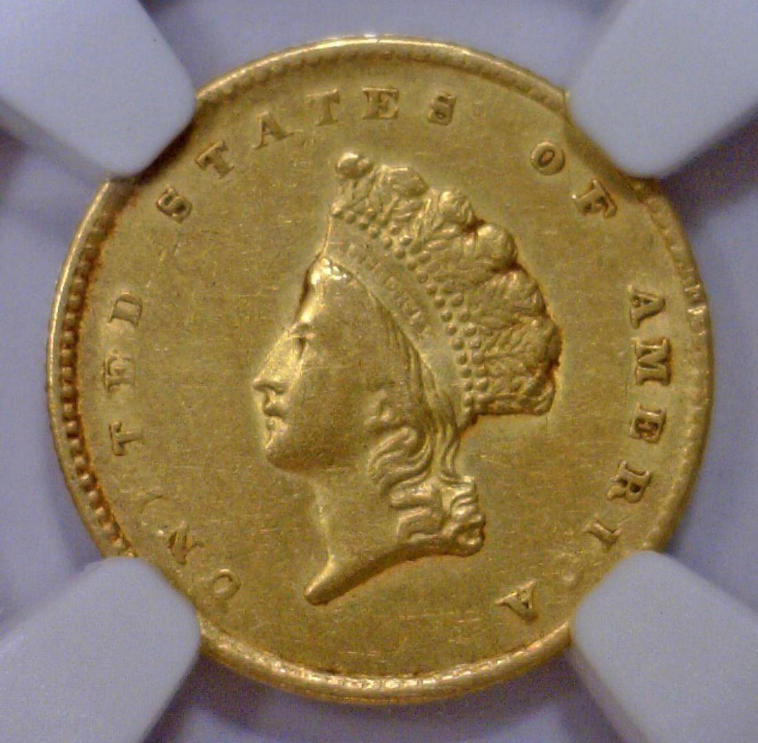1855 $1 Liberty Head Gold Dollar Type II NGC AU: 1855 $1 Liberty Head Gold Dollar Type II NGC AU details as it ws cleaned in its past.