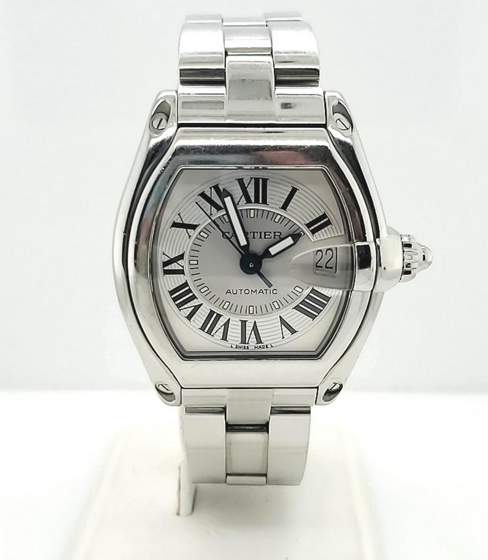 Men's Stainless Cartier Roadster Automatic watch: Men's stainless steel automatic Cartier Roadster watch, ref # 2510, featuring a swiss automatic movement, sapphire crystal, silver roman numeral dial with date window, and hidden butterfly clasp.