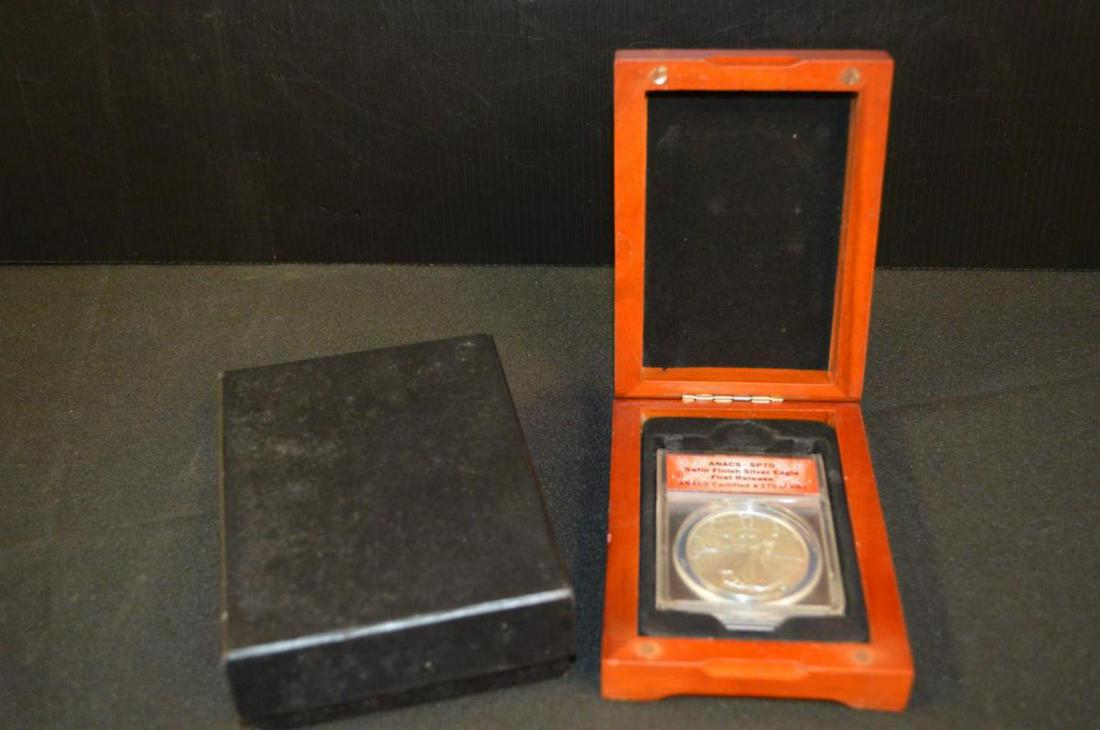 2015-W Silver American Eagle: 2015-W Silver American Eagle, ANACS Sp-70, Satin finish, first release #376 of 881 with presentation box.