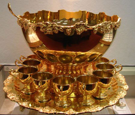 24kt Gold Plated Large Punch Bowl Set: 24kt Gold Plated Punch Bowl Set; tray 21" diameter, bowl 16" diameter and 12 1/2" high; 12 cups and ladle.