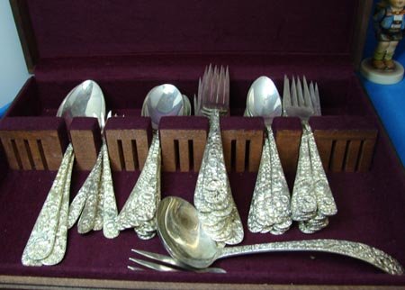 S. Kirk Repousse Sterling Silver 55 pc: 55 pcs. of Sterling Silver by S. Kirk Repousse pattern: 12 6 1/4" salad forks, 12 7 1/4" dinner forks, 10 5 3/4" teaspoons, 8 6 1/4" soup spoons, 6 5 1/4" cocktail forks, 3 8 1/4" serving sp., 7 1/2" 