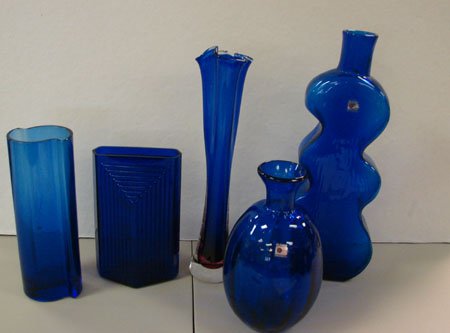 5 Cobalt Vases, incl. 2 Blenko: 5 cobalt glass vases including two with Blenko stickers - 9 1/2" & 16"