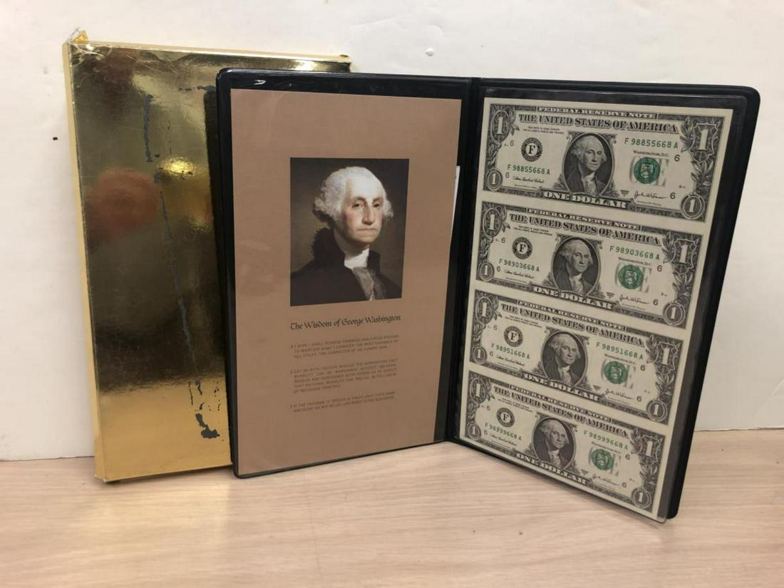 2003 Uncut Sheet of 4 $1 Currency Notes in Folder.: 2003 Uncut Sheet of 4 $1 Currency Notes in Folder. Housed in a vinyl educational folder with "The Wisdom of George Washington". Makes for a great and neat Holiday Gift!