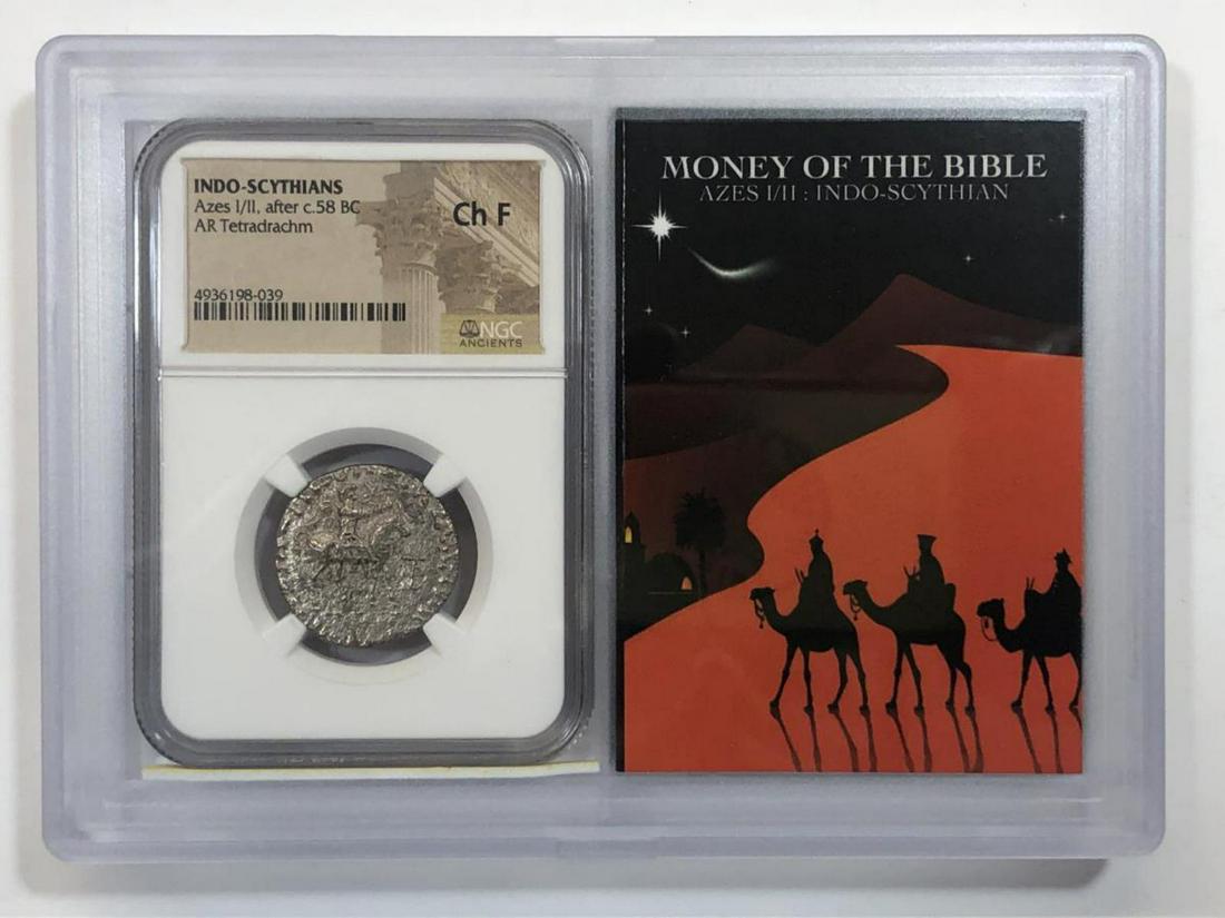 Indo-Scythians Azes AR Tetra NGC Ch F StoryVault: Indo-Scythians Azes I/II, after c.58 BC AR Tetradrachm, Money of the Bible NGC Choice Fine StoryVault. Graded by NGC as Choice Fine. Housed in a really neat holder that offers protection for the NGC e