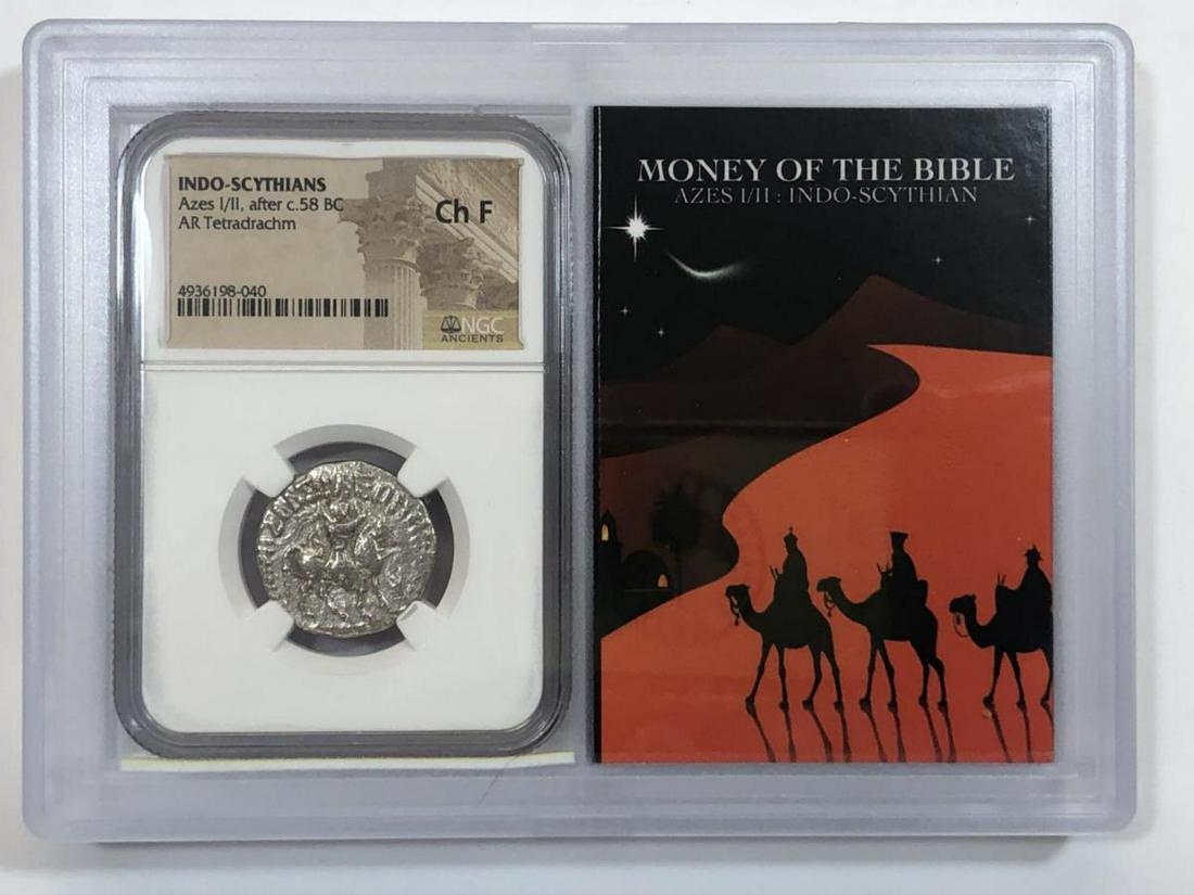 Indo-Scythians Azes AR Tetra NGC Ch F StoryVault: Indo-Scythians Azes I/II, after c.58 BC AR Tetradrachm, Money of the Bible NGC Choice Fine StoryVault. Graded by NGC as Choice Fine. Housed in a really neat holder that offers protection for the NGC e