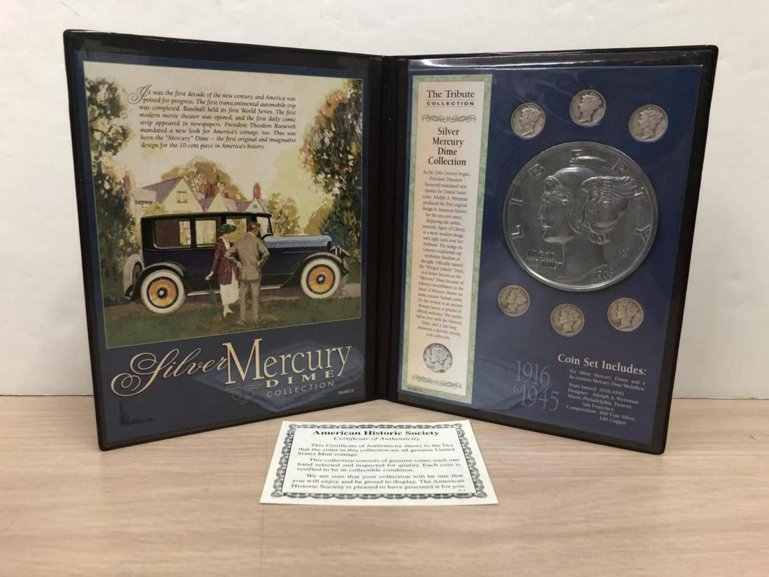 Mercury Silver Dime Tribute Collection: Mercury Silver Dime Tribute Collection. Vinyl folder contains historical text, 6 silver Mercury "Winged Liberty" silver dimes, and a large 3" Mercury Dime medallion.