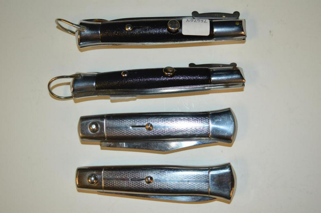 Group 4 Switchblade Folding Pocket Knives Rostfrei: Group of 4 Switchblade Folding Pocket Knives Including One From Linder 420 Rostfrei with metal grips. Push button open & close. 3 1/4" blade, 7 1/2" overall, 4 3/8' closed. Fishtail end. Also included