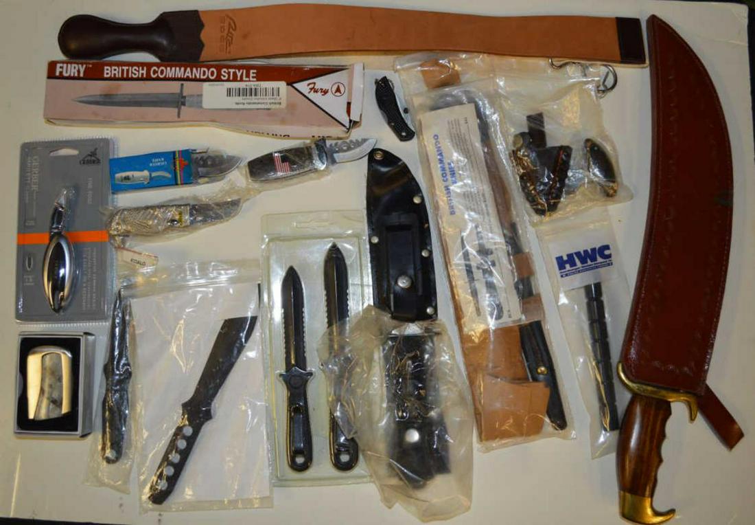 Group of Interesting Knives Automatic Folding Boot: Group of Interesting Knives, Including; Automatic, Folding, Belt Buckle, Boot, Straight, Commando, Survival, Non-Metallic. Way too many to list. approx. 11 pieces plus sharpening strap & more. Please