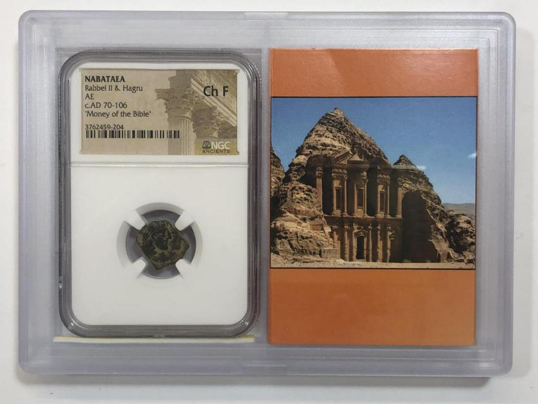 Nabataea Rabbel & Hagru NGC Ch F StoryVault: Nabataea Rabbell II and Hagru AE Money of the Bible NGC Ch F StoryVault. Graded by NGC as Choice Fine. Housed in a really neat holder that offers protection for the NGC encapsulation and includes educ