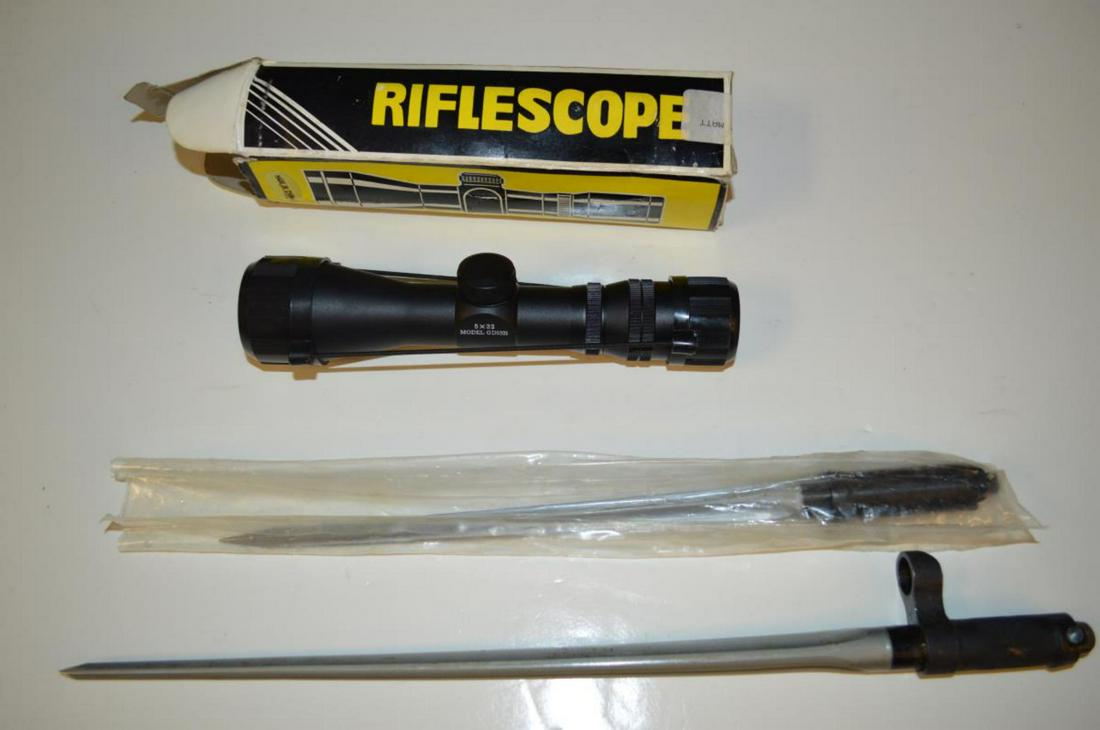 Group of Norinco SKS Type Bayonets & Scope: Group of Norinco SKS AK Type Bayonets & Scope in Box. This listing will include a pair of bayonets that fit SKS or AK rifles, each will have the spike, spring, barrel lug & one includes a screw. 11 3/
