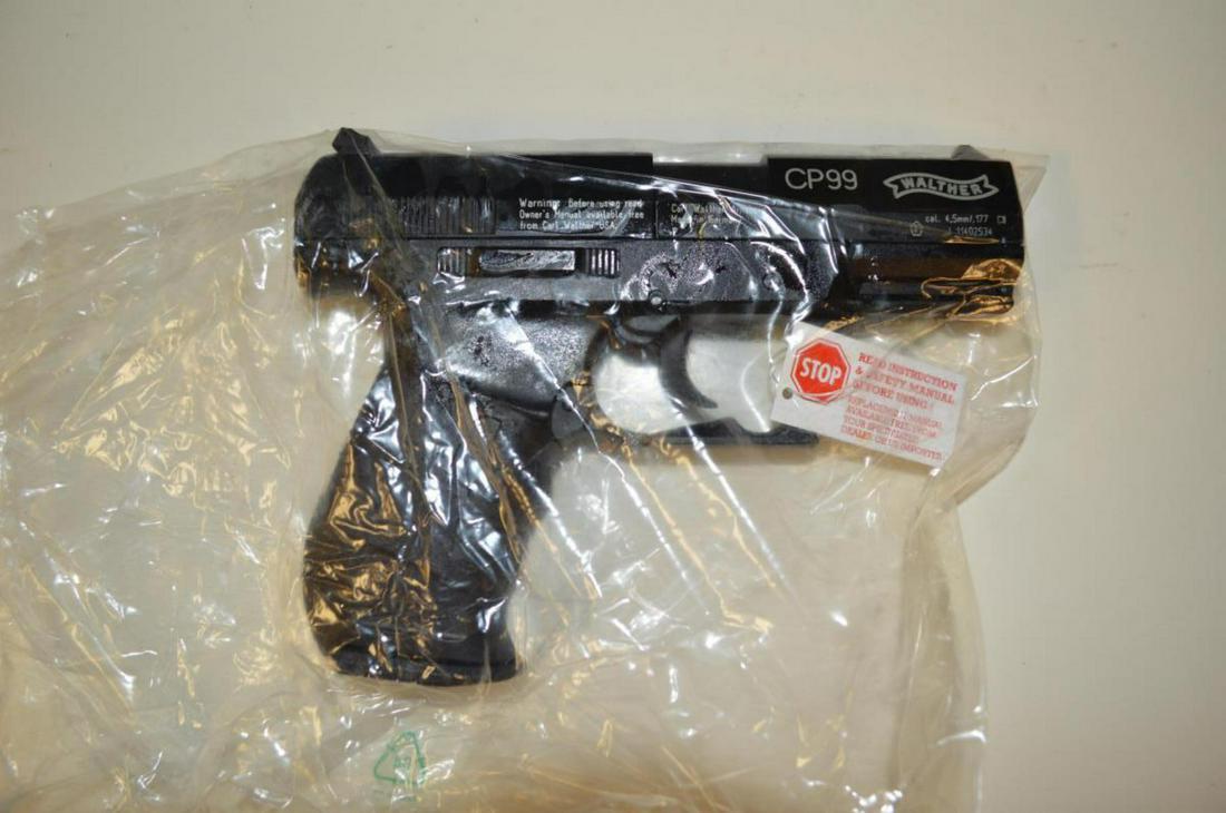 Walther CP99 CO2 Air Pistol in Case: Walther CP99 CO2 Air Pistol in Case. Realistic weight & handling, powered by a 12-gram CO2 cartridge. Shoots .177 caliber BBs at 360 fps, integrated Weaver mount type. Two 8-shot rotary clips in foam-