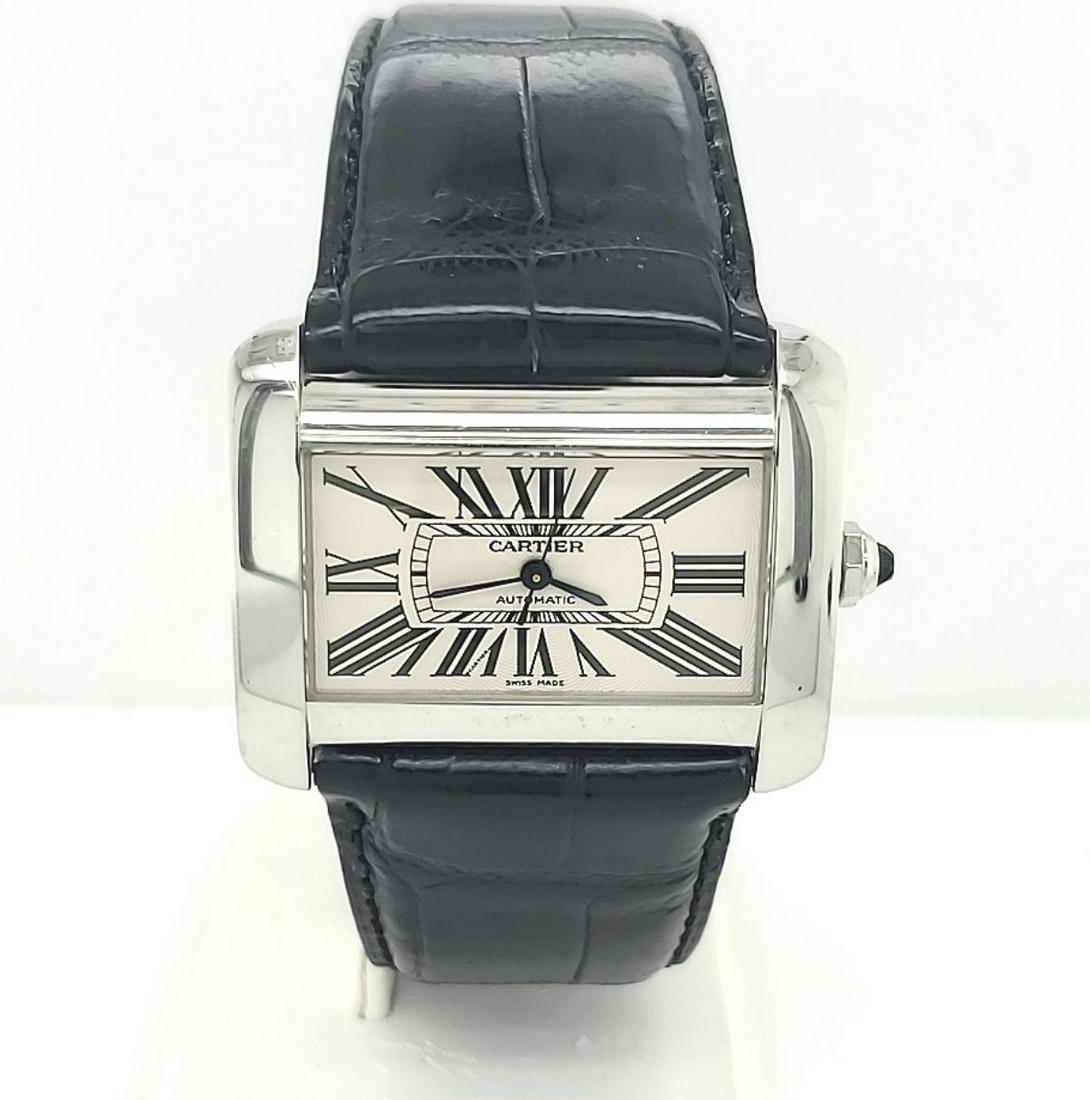 Stainless Cartier Tank Divan Automatic Watch: Stainless Cartier Tank Divan Automatic Watch, ref# 2612, featuring an automatic movement, sapphire crystal, black leather band. Case measures approx. 38x30mm.