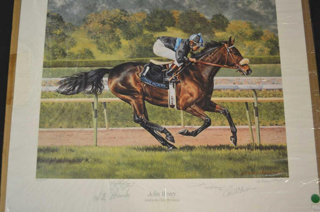 Picavet Signed Print Willie Shoemaker Autographed: Christine Picavet Signed Litho Print of John Henry ridden by Chris McCarron. COA & print are both artist signed. Willie Shoemaker signed in pencil in the lower margin & is joined by Chris McCarron & t