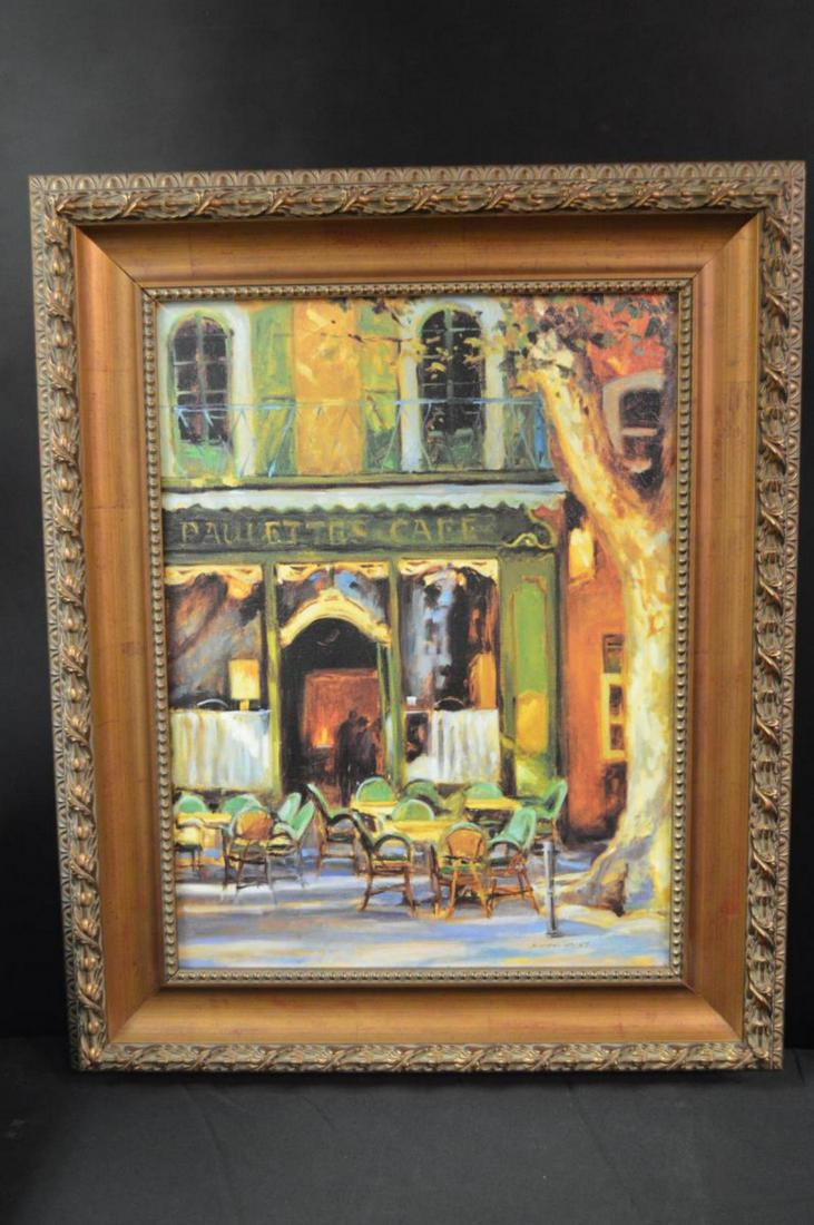 Wonderfully Framed French Cafe Scene on Board: Wonderfully Framed Impressionist Print of a French Cafe Scene on Board or Masonite Panel. 18" x 24". The wood frame is bronze toned wood with a leaf motif. A few nicks and miter issues. 26 1/4" x 32 1