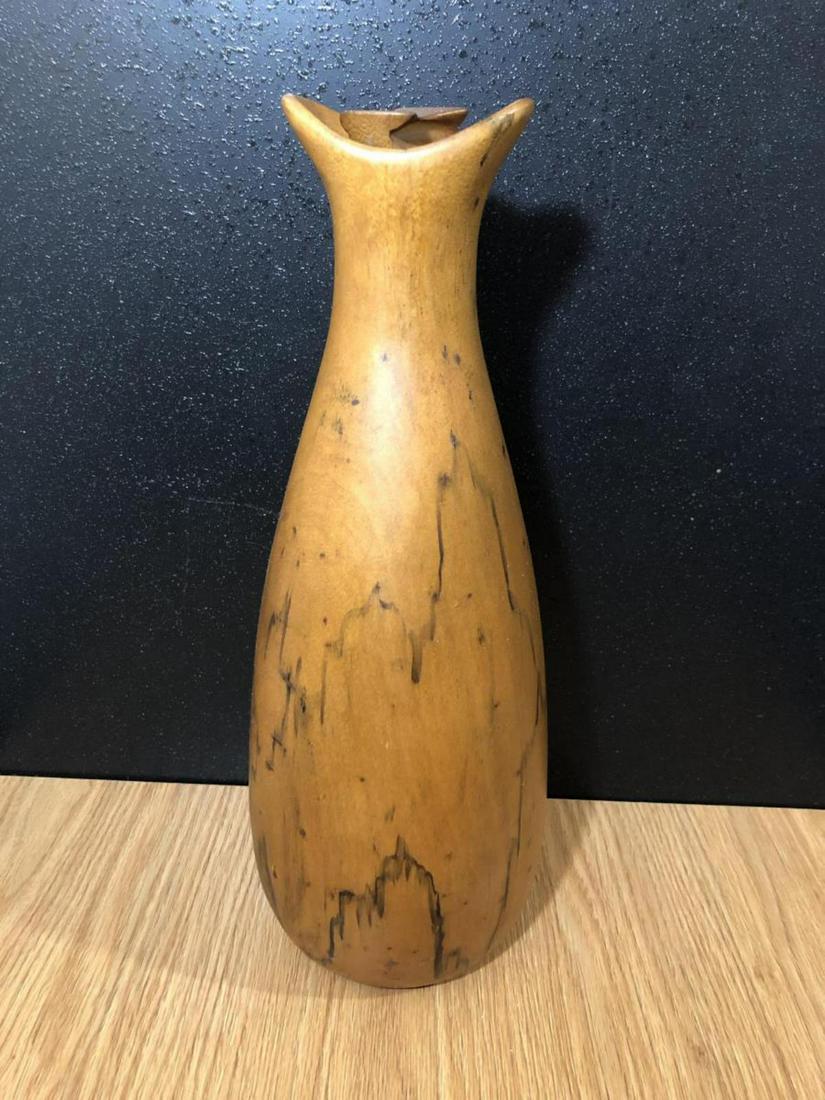 Handcrafted Carafe by Haitian Artist David Auld: Handcrafted Wood Carafe with Topper, made by Haitian Artist David Auld. Sticker on bottom. Height is 14" and width is 5.5" at its widest.