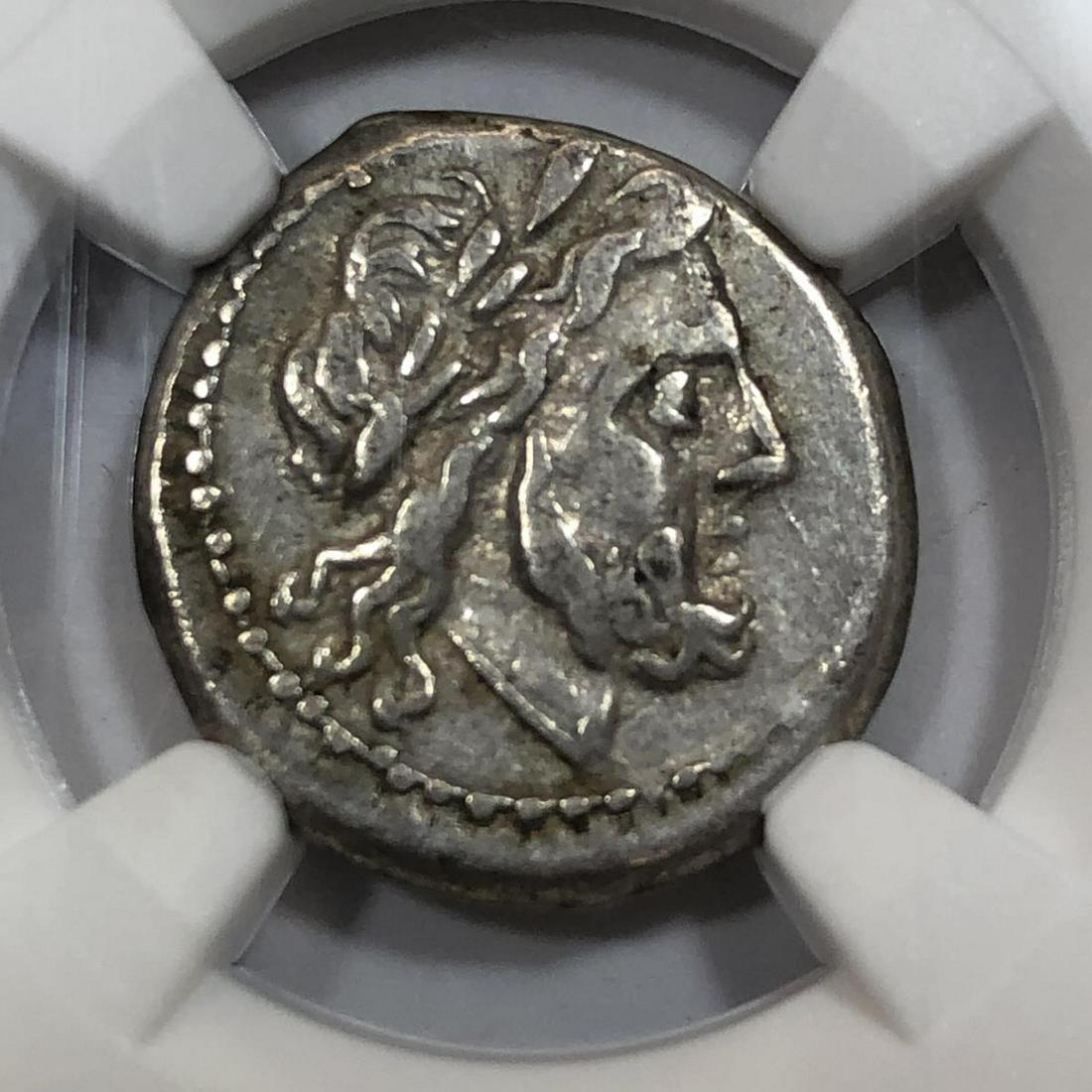 Roman AR Victoriatus Jupiter NGC Ch VF: Roman Republic c211-208 BC AR Victoriatus, obverse Jupiter, reverse Victory erects military trophy, graded NGC Choice Very Fine Strike 4/5, Surface 4/5 4934439-009